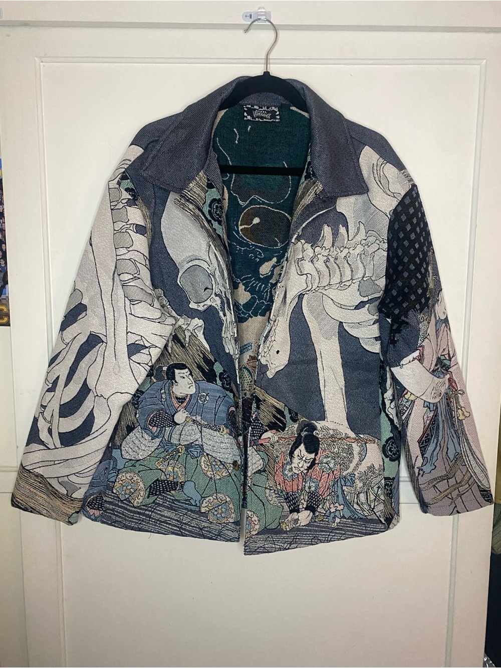 rebels Teal and Gray Skeleton Asian inspired Graphic Zip Jacket